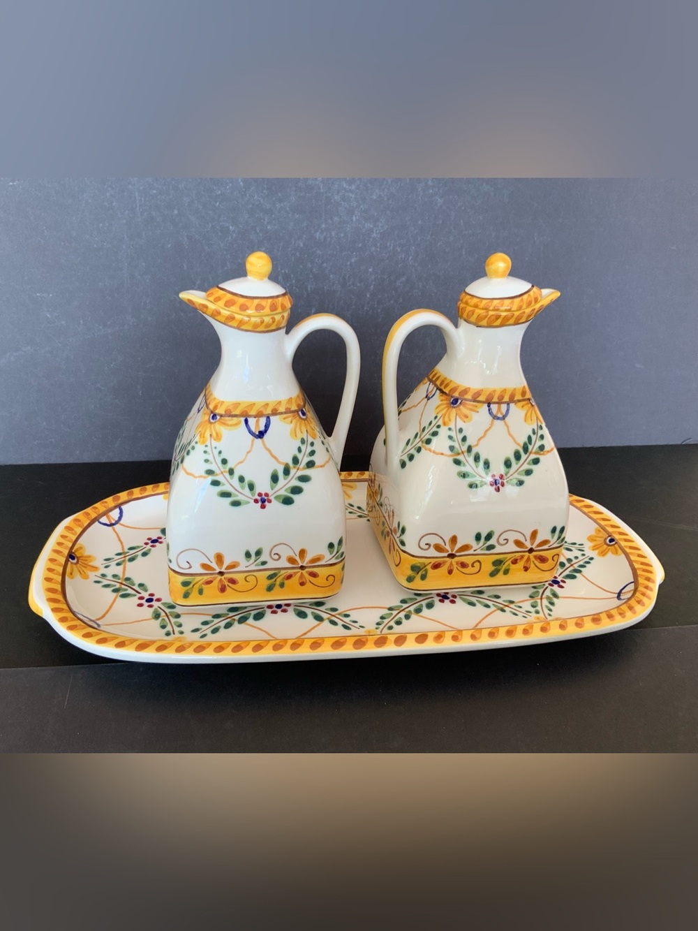 Handpainted Ceramic Oil & Vinegar Cruets Set with base tray, Portugal